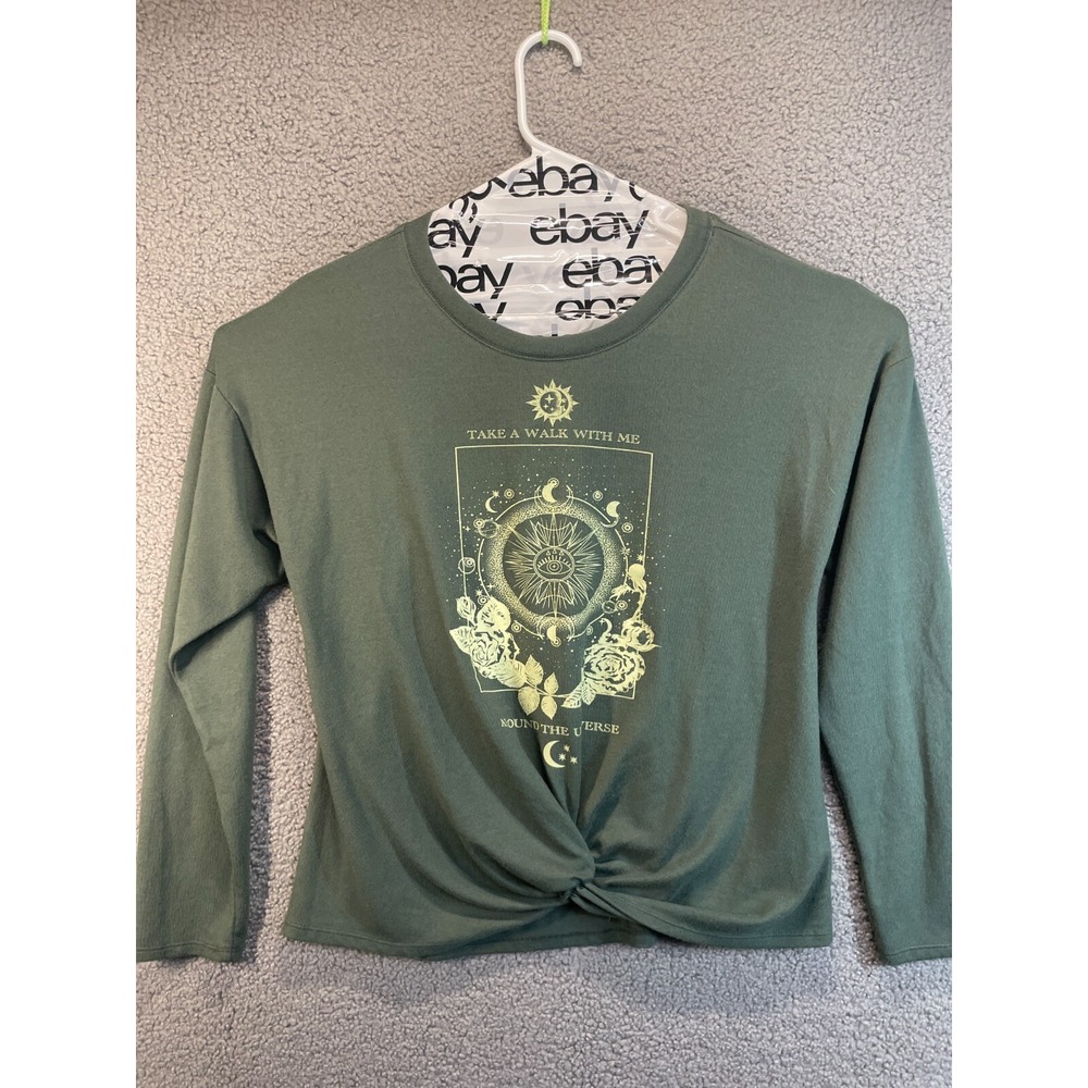 True Self Womens‎ Textured Knot Front Top Size XL Green Long Sleeve